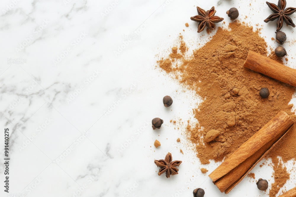 Cinnamon Powder and Sticks with Cloves on a Marble Surface Cinnamon Powder and Sticks with Cloves on a Marble Surface