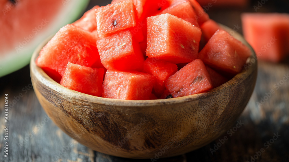 Wooden bowl filled with freshly cut watermelon cubes, highlighting their vibrant color and refreshing texture Wooden bowl filled with freshly cut watermelon cubes, highlighting their vibrant color and refreshing texture