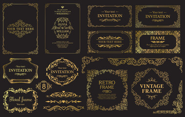 Design gold elements set, decorative flourish border corner and frame collection for invitation, menu and page decoration