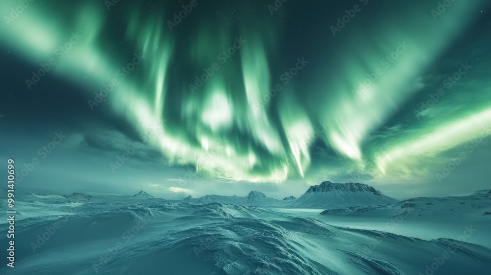 Aurora Borealis Display Over Snowy Landscape Aurora Borealis Display Over Snowy Landscape