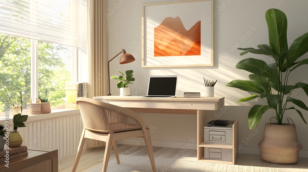 A bright and organized home office with a desk, laptop, and plant A bright and organized home office with a desk, laptop, and plant