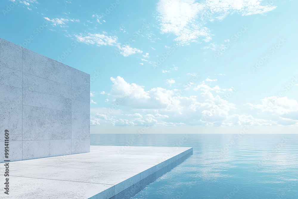 Abstract 3D rendering of minimalist style architectural space scene, mountain and lakeside building Abstract 3D rendering of minimalist style architectural space scene, mountain and lakeside building