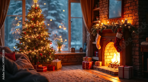 Wallpaper Mural A warm living room is beautifully decorated for Christmas with a glowing tree, a crackling fireplace, and wrapped gifts scattered on the floor, depicting a cozy winter celebration Torontodigital.ca