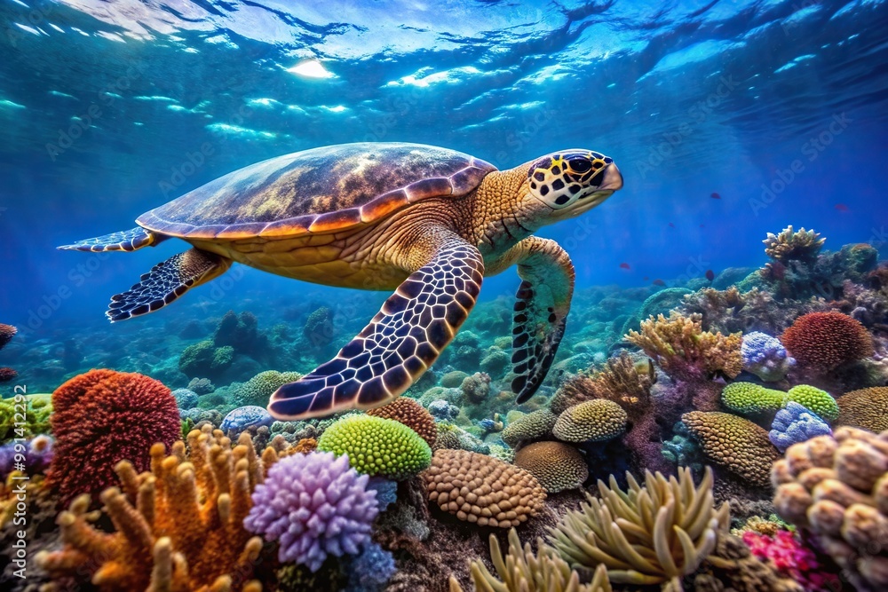 Obraz premium A beautiful panoramic stock photo of a Hawksbill sea turtle Eretmochelys imbricata swimming gracefully in the ocean surrounded by vibrant coral reefs and other marine life, swimming