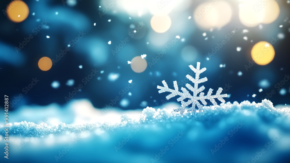 Sparkling Snowflake on Snowy Ground with Bokeh Lights in the Background - Winter Wonderland Scene Sparkling Snowflake on Snowy Ground with Bokeh Lights in the Background - Winter Wonderland Scene