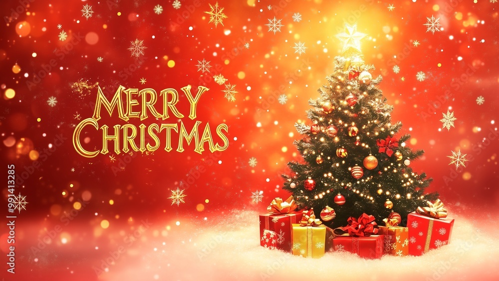 A festive Christmas tree adorned with golden ornaments and surrounded by snow, perfect for holiday cards and celebrationswellness - 234 A festive Christmas tree adorned with golden ornaments and surrounded by snow, perfect for holiday cards and celebrationswellness - 234