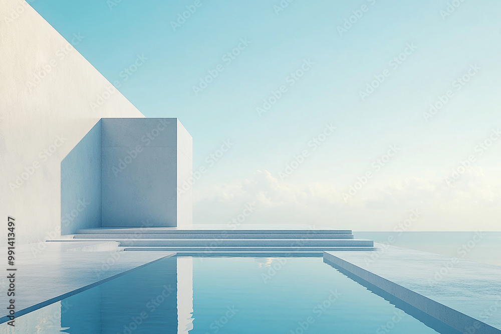 Abstract 3D rendering of minimalist style architectural space scene, mountain and lakeside building Abstract 3D rendering of minimalist style architectural space scene, mountain and lakeside building