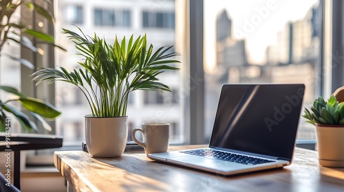 Wallpaper Mural A clean and stylish desk setup with a laptop, coffee cup, and potted plant Torontodigital.ca