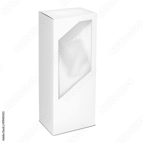 White tall vertical paper box with clear plastic window to display product. 3d mockup. Empty paperboard container with tuck-in flap lid. Realistic vector mock-up. Template for packaging design
