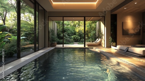 Serene indoor pool with lush garden views for relaxation and leisure.