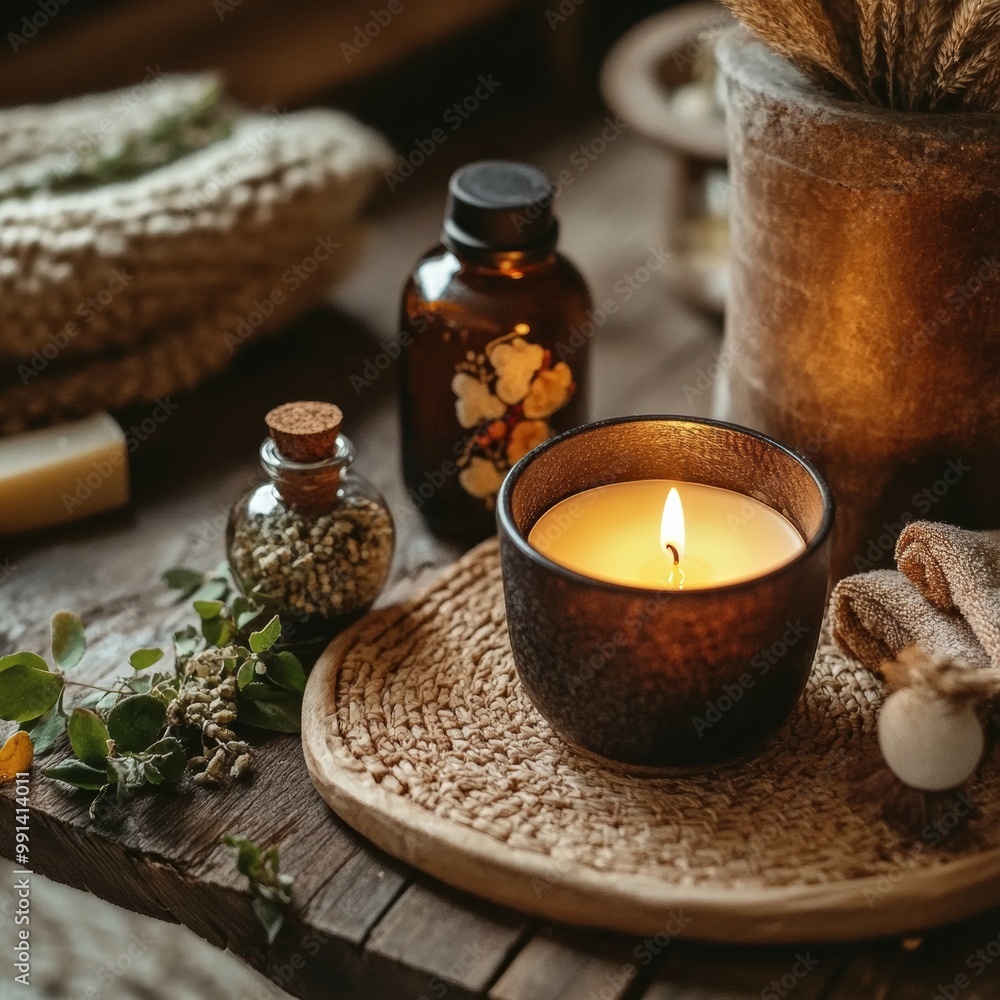 A cozy setup showcasing a lit candle alongside calming herbal treatments and decorative elements for a tranquil experience A cozy setup showcasing a lit candle alongside calming herbal treatments and decorative elements for a tranquil experience