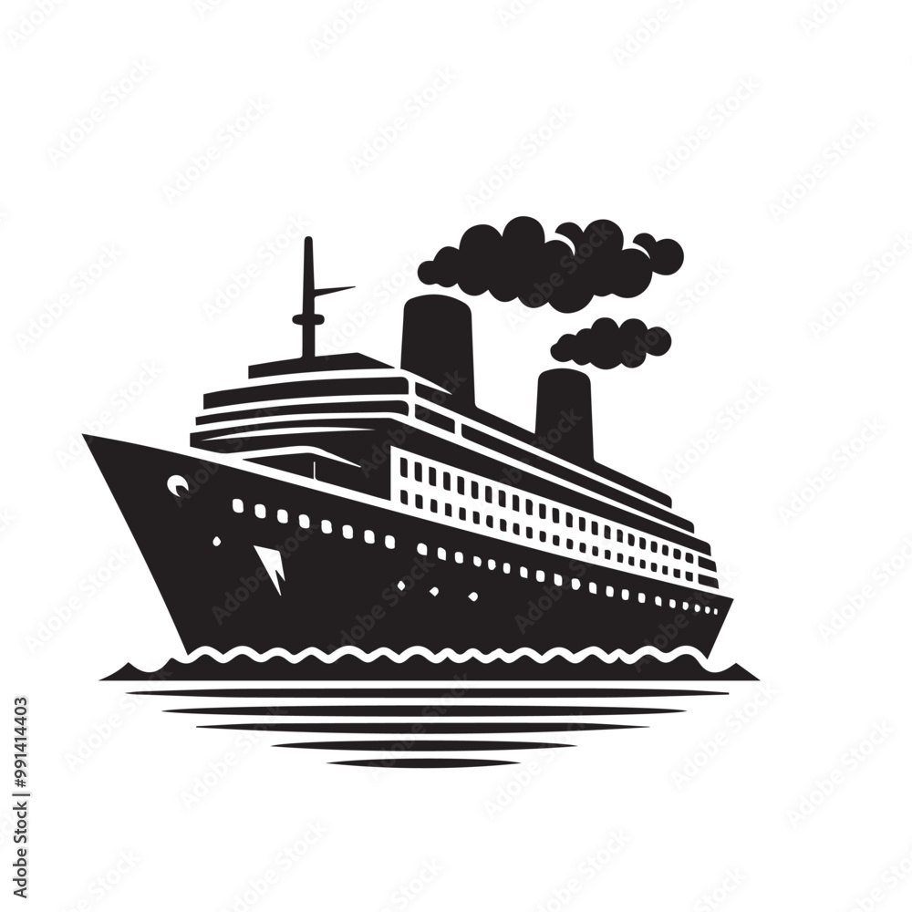 Obraz premium Ship silhouette vector design. cruise ship vector design. Vessel ship silhouette vector design black and white. Ship logo icon full black on white background.