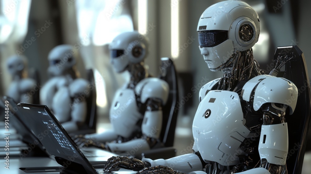 Fototapeta premium A group of humanoid robots working in a futuristic office space, collaborating on AI-driven projects.