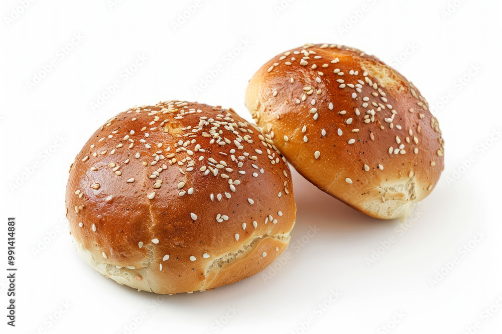 Soft buns sprinkled with sesame seeds. Burger bun with sesame seeds on white background Soft buns sprinkled with sesame seeds. Burger bun with sesame seeds on white background