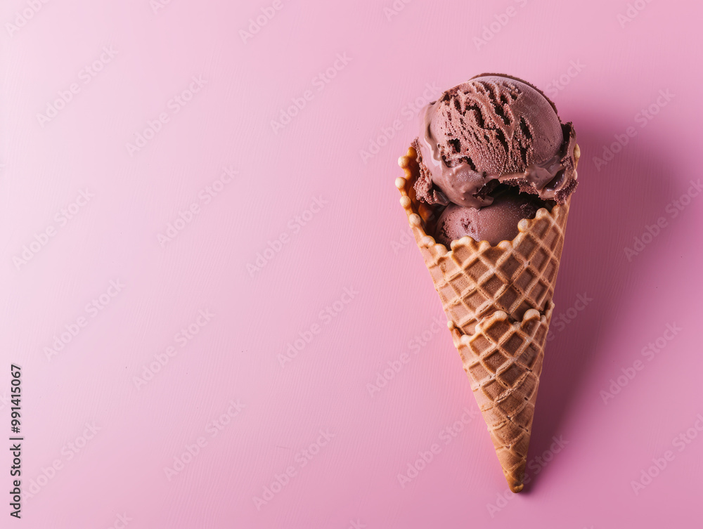 Chocolate ice cream in a waffle cone on pink background Chocolate ice cream in a waffle cone on pink background
