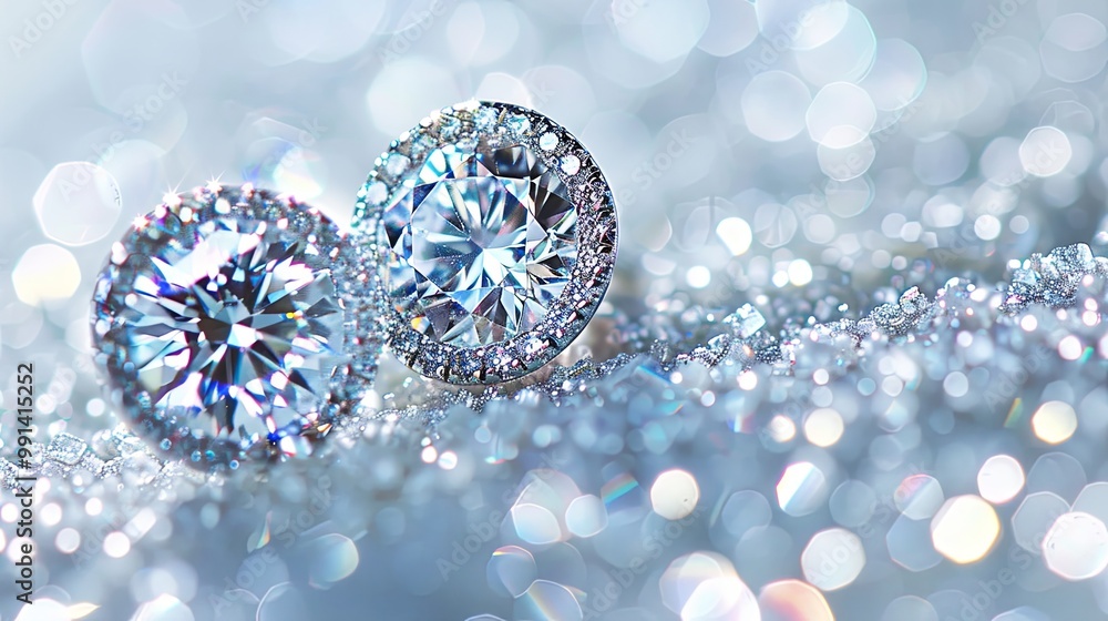 A pair of radiant diamond earrings sparkle on a shimmering, light-filled background A pair of radiant diamond earrings sparkle on a shimmering, light-filled background
