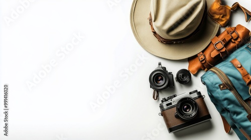 Vintage adventurer essential gear flat lay. Hat, backpack, film camera, gas lamp and boots on white background isolated. Minimal style hiking concept. Wanderlust vibes. 