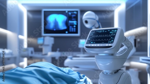A medical robot performing an ultrasound scan on a patient, showing advanced AI in healthcare diagnostics.