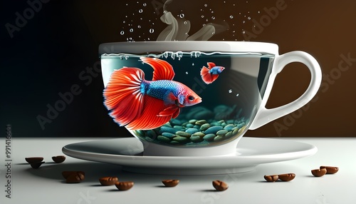 Surreal depiction of a vibrant betta fish swimming in a coffee cup, blending realistic aquatic themes with whimsical imagery photo