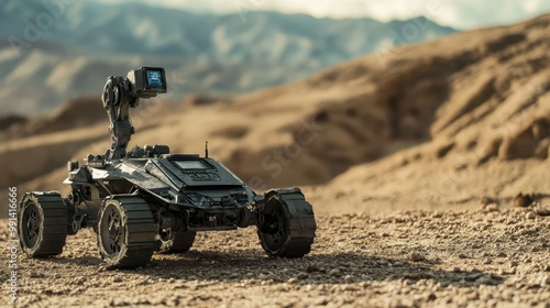 A military robot conducting reconnaissance in a desert landscape, highlighting AI's role in defense and surveillance.