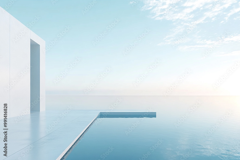 Abstract 3D rendering of minimalist style architectural space scene, mountain and lakeside building Abstract 3D rendering of minimalist style architectural space scene, mountain and lakeside building