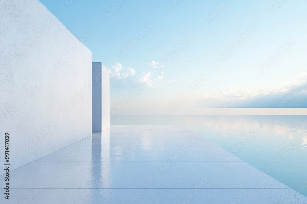Obraz premium Abstract 3D rendering of minimalist style architectural space scene, mountain and lakeside building