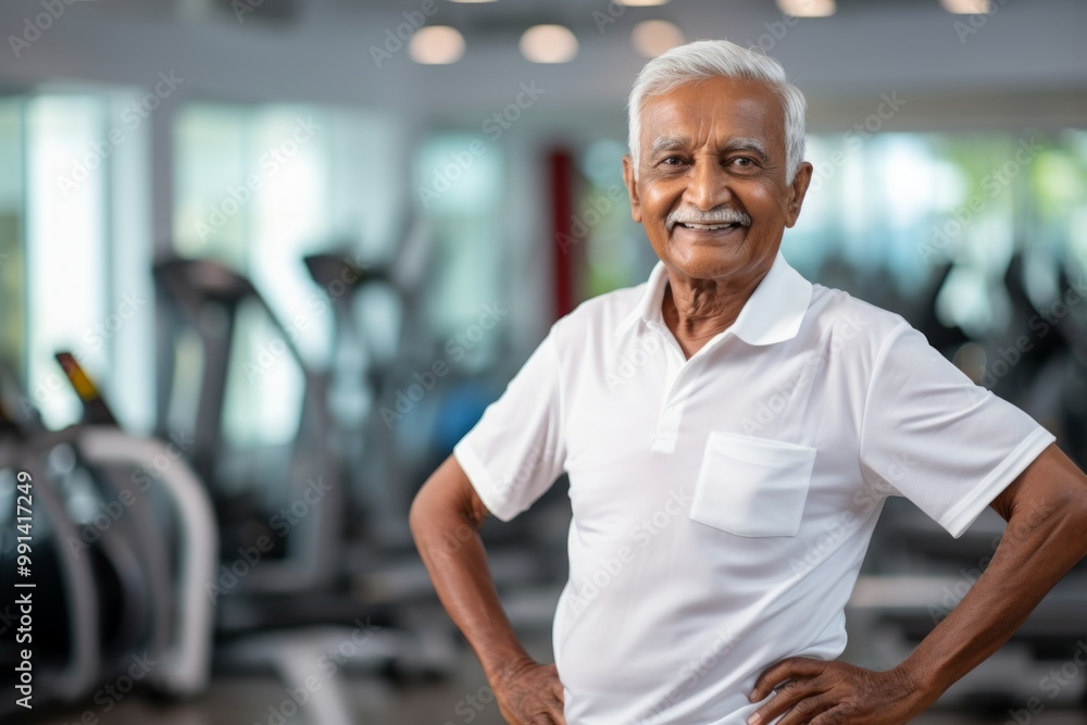 Portrait of a smiling indian elderly 100 years old man wearing a classic white shirt isolated on dynamic fitness gym background Portrait of a smiling indian elderly 100 years old man wearing a classic white shirt isolated on dynamic fitness gym background