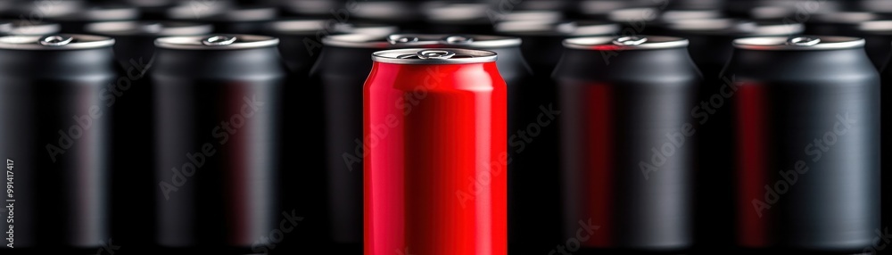 Obraz premium A striking image of a red can standing out among a row of black cans, emphasizing uniqueness and vibrant color contrast.