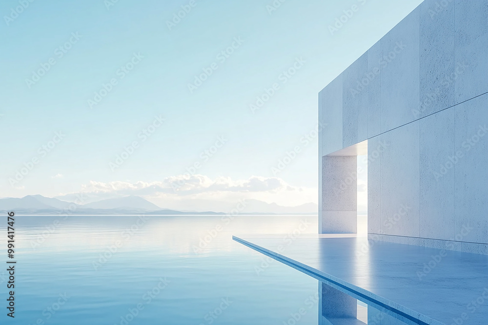 Obraz premium Abstract 3D rendering of minimalist style architectural space scene, mountain and lakeside building