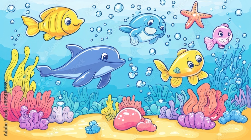 Underwater Paradise: Colorful Fish and Dolphins in a Vibrant Coral Reef Underwater Paradise: Colorful Fish and Dolphins in a Vibrant Coral Reef