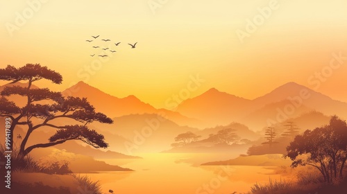 Serene Sunset Over Tranquil Lake with Distant Mountains