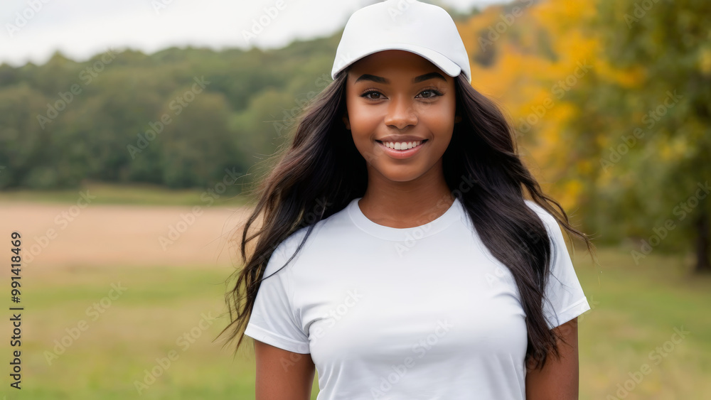 Young black woman wearing white t-shirt and white baseball cap standing in nature
