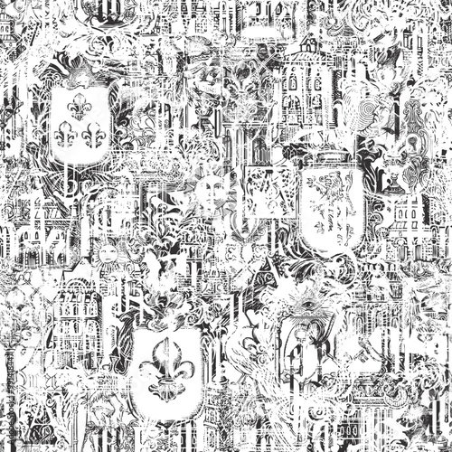 Abstract grunge Seamless pattern Wallpaper on ancient architecture and art. Hand-drawn vector background with vintage buildings, architectural elements, medieval knightly coats of arms and old keys. 