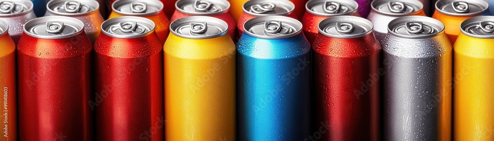 A vibrant arrangement of colorful beverage cans, showcasing various hues in a visually appealing layout. A vibrant arrangement of colorful beverage cans, showcasing various hues in a visually appealing layout.