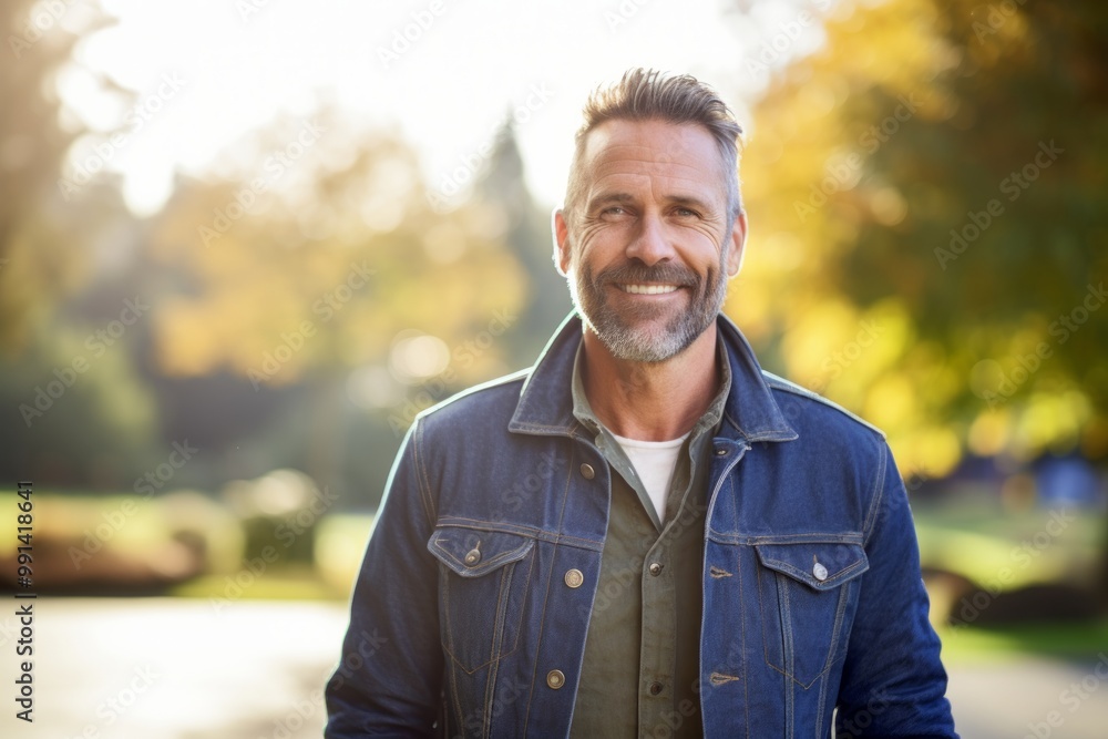 Portrait of a grinning man in his 40s sporting a rugged denim jacket isolated on bright and cheerful park background Portrait of a grinning man in his 40s sporting a rugged denim jacket isolated on bright and cheerful park background
