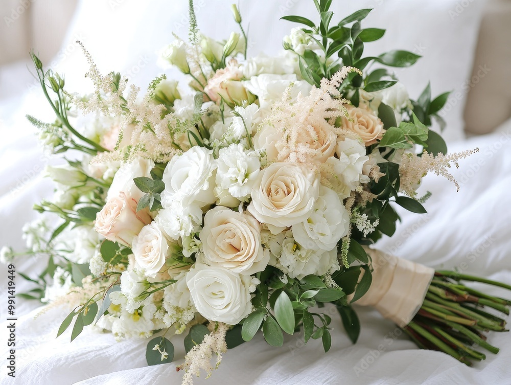 Wedding flowers in a lush bouquet of white roses, greenery, and soft pink accents, creating a romantic and timeless look Wedding flowers in a lush bouquet of white roses, greenery, and soft pink accents, creating a romantic and timeless look