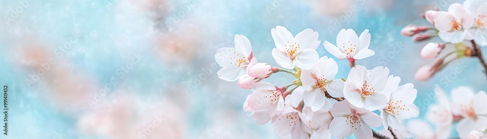 Delicate cherry blossoms bloom against a soft blue background, creating a serene and tranquil atmosphere in springtime. Delicate cherry blossoms bloom against a soft blue background, creating a serene and tranquil atmosphere in springtime.
