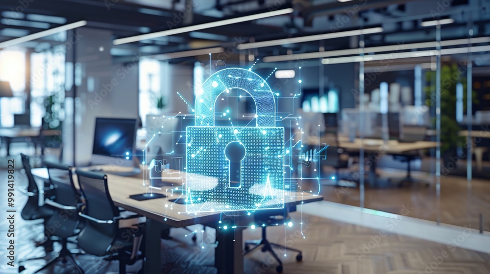 Cyber security concept with lock in office interior Cyber security concept with lock in office interior