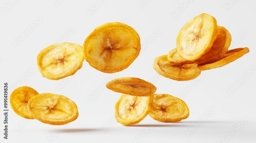 Sliced banana chips suspended mid-air with a clean background showcasing a bright and vibrant snack experience. Sliced banana chips suspended mid-air with a clean background showcasing a bright and vibrant snack experience.