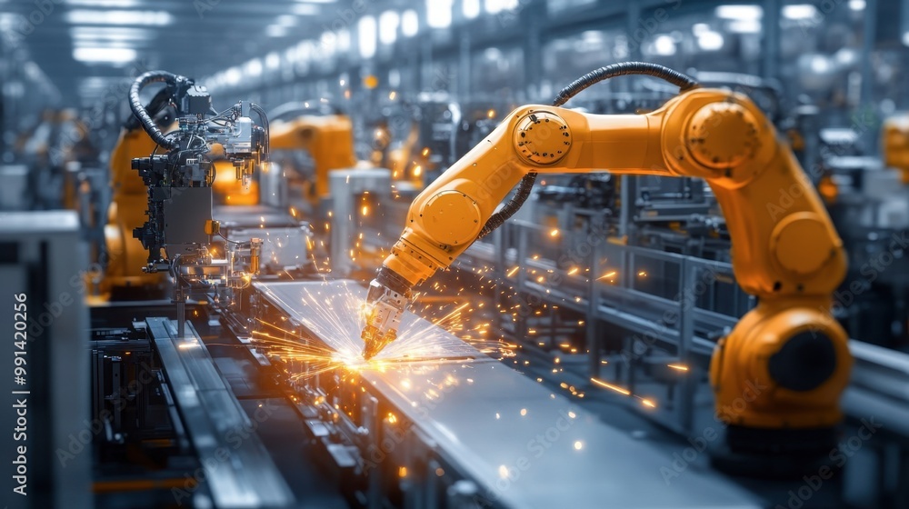 A robotic arm working on an assembly line in a high-tech manufacturing plant, highlighting industrial automation and precision engineering. A robotic arm working on an assembly line in a high-tech manufacturing plant, highlighting industrial automation and precision engineering.