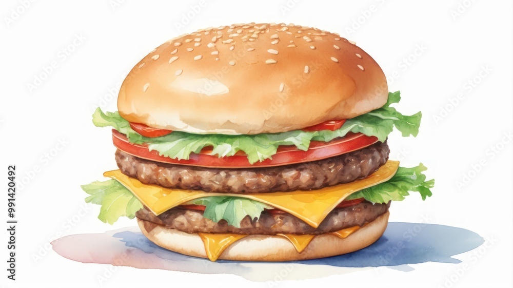 A Delicious Cheeseburger Stacked With Fresh Ingredients on a White Background A Delicious Cheeseburger Stacked With Fresh Ingredients on a White Background
