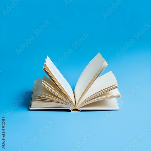 Minimalist shot of a closed book with shadow on blue background photo