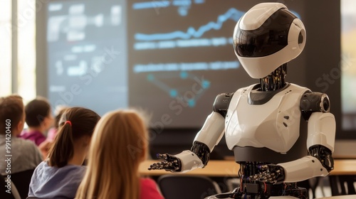 A robotic teacher instructing students in a fully digital classroom, showcasing the future of AI in educational environments.