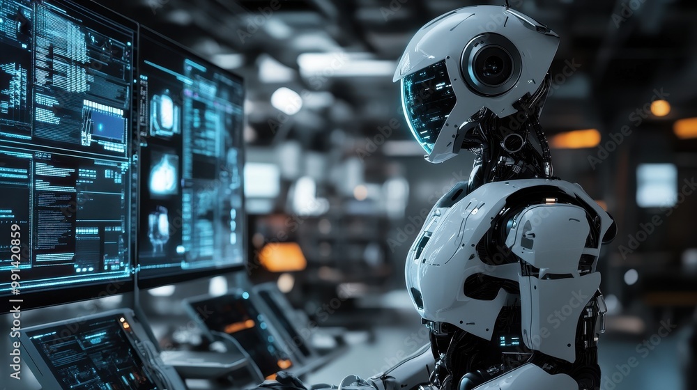 Futuristic White Robot Working at a Control Panel Futuristic White Robot Working at a Control Panel