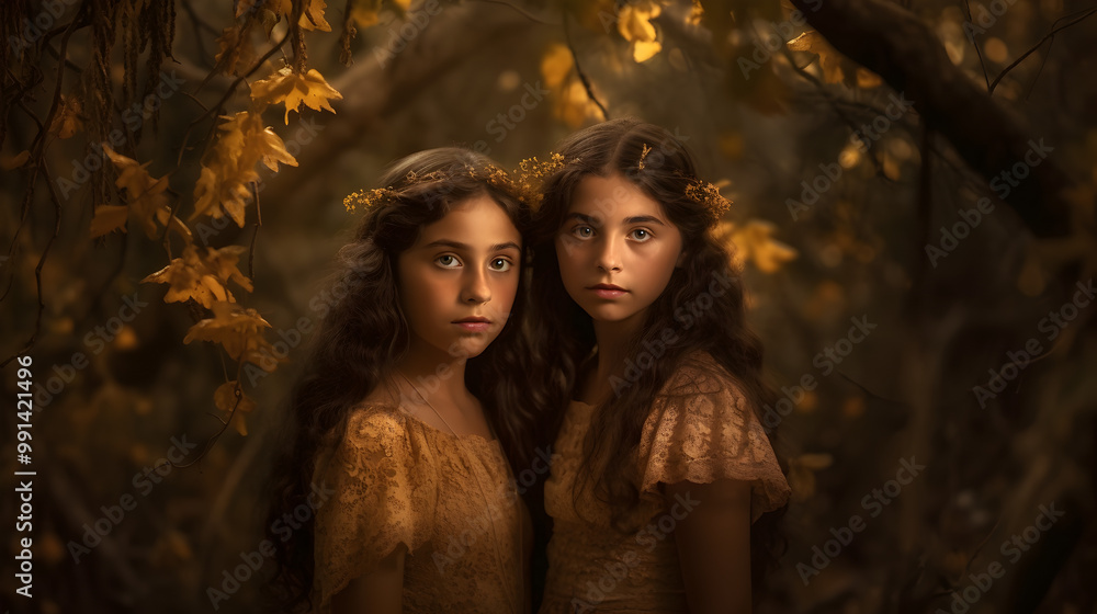 Twin girls in mystical forest setting with warm light
Twin girls in mystical forest setting with warm light