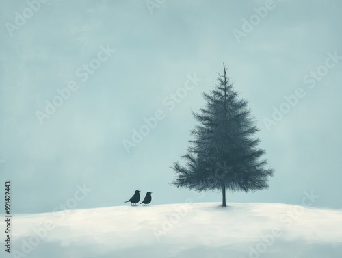 Minimalist painting of a single pine tree in a snow-covered landscape with two small birds perched nearby, framed by a soft blue winter sky, capturing simplicity and solitude in nature.
