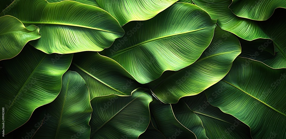 Obraz premium Lush green tropical leaves arranged in a pattern.