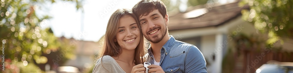 Happy couple holding house keys, new homeowners smiling outdoors Happy couple holding house keys, new homeowners smiling outdoors