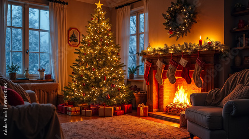 The living room is filled with holiday spirit, showcasing a sparkling Christmas tree, a glowing fireplace, and colorful gifts under the tree, all while snow falls gently outside