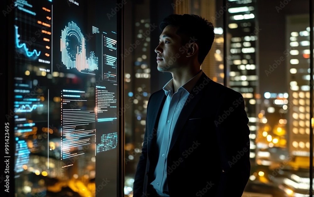 Fototapeta premium A businessman gazes at digital data projections in a city skyline, reflecting on technology and analytics.